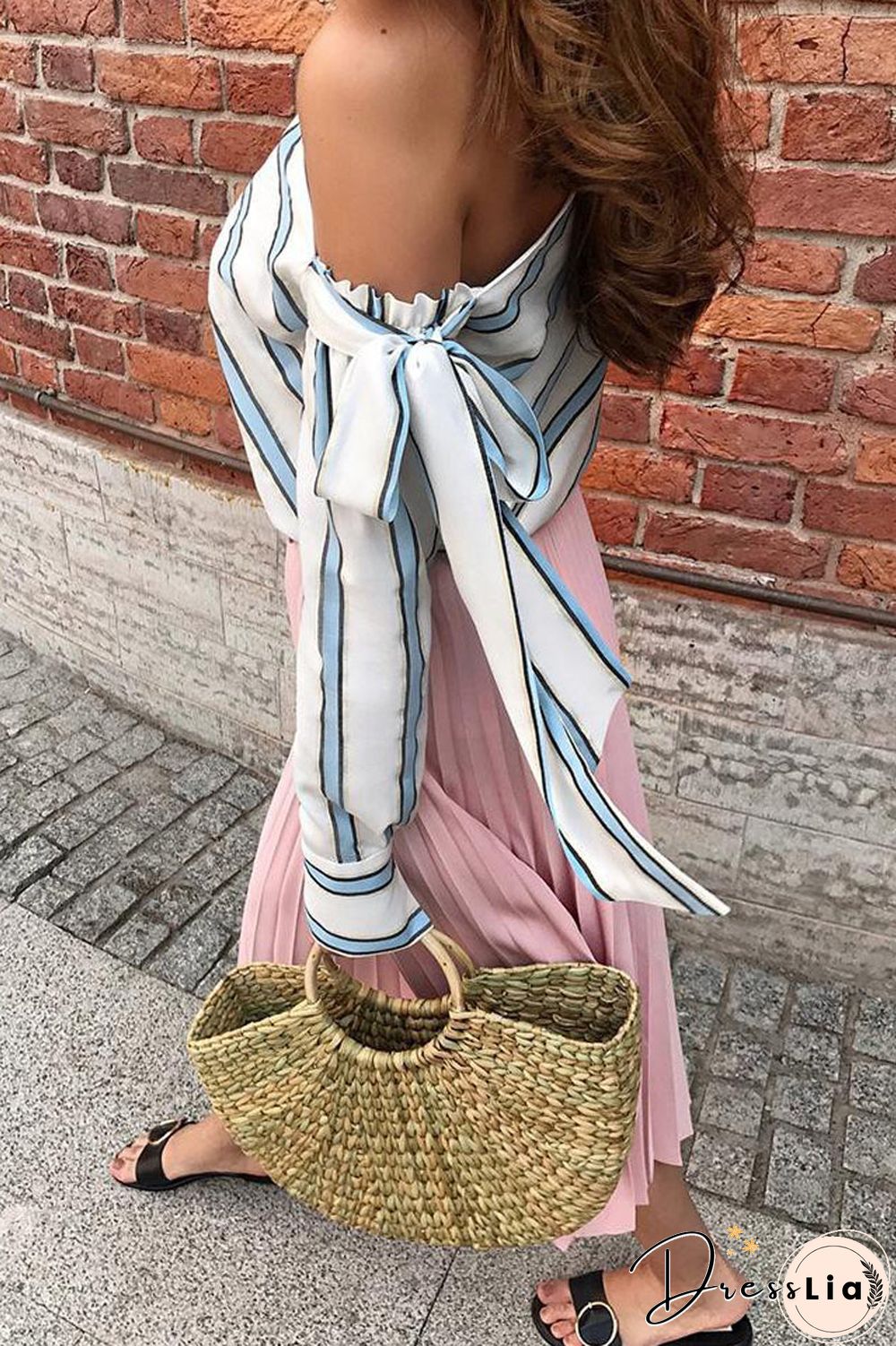 Striped Skew Neck Tie Up Blouse