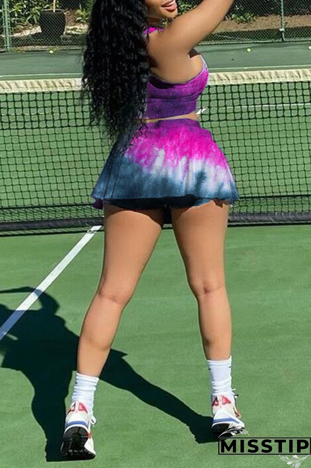 Green Yellow Sexy Casual Print Tie Dye Vests U Neck Sleeveless Two Pieces