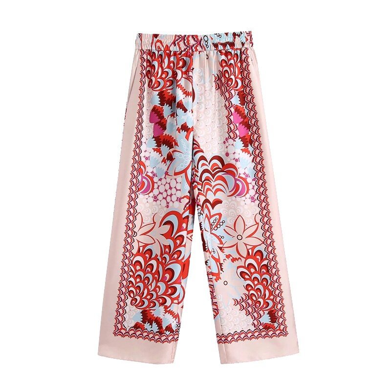 KPYTOMOA Women 2021 Chic Fashion Patchwork Floral Print Wide Leg Pants Vintage High Elastic Waist Female Ankle Trousers Mujer
