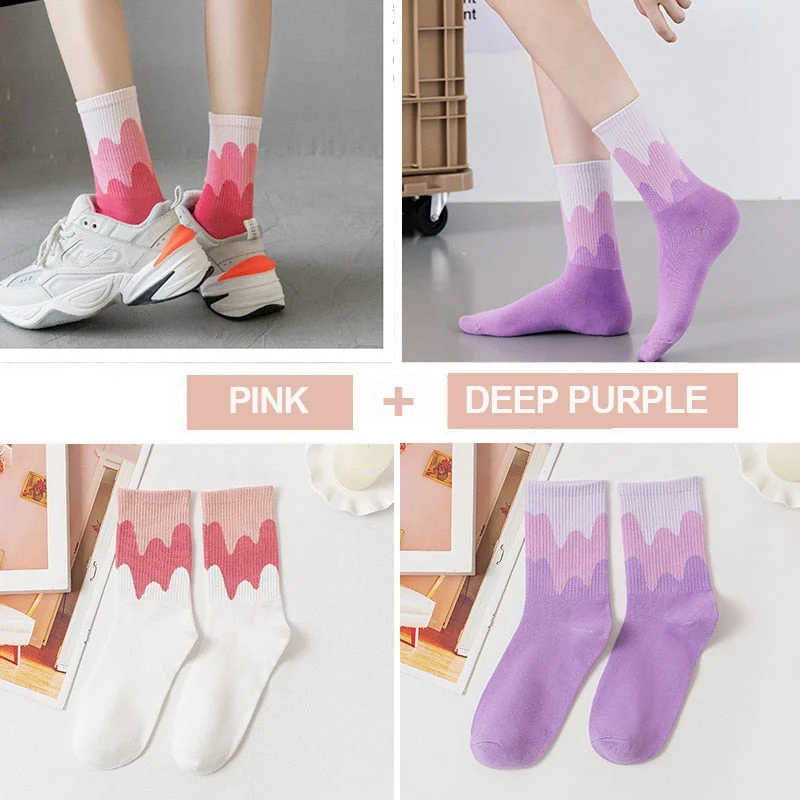 FINETOO 2Pairs/lot Women Midi Tube Socks Female Autumn Winter Candy Colors Korean Japanese Stitching Cotton Girls Graffiti Sock