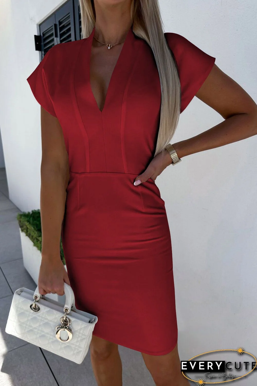 Red Short Sleeve Deep V-Neck Split Bodycon Dress