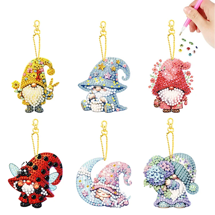 6 Pcs Double Side Handmade Cute Gnome Diamond Painting Keychain for Office Decor