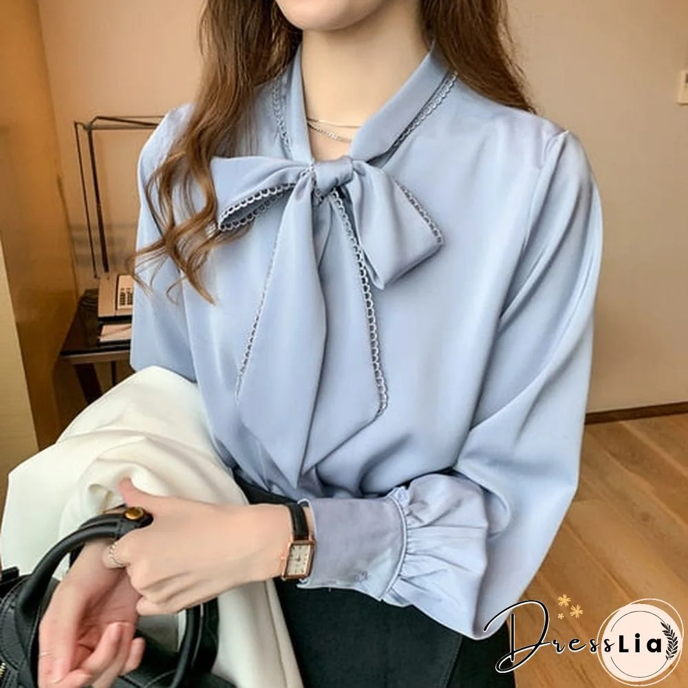 Spring Fashion Korean Tops Satin Chiffon Blouse Women Loose Long Sleeve Shirt White Blue Office Lady Clothes With Bow