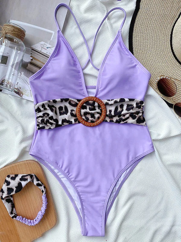 Deep V-Neck Belted Embellished One-Piece Swimwear 