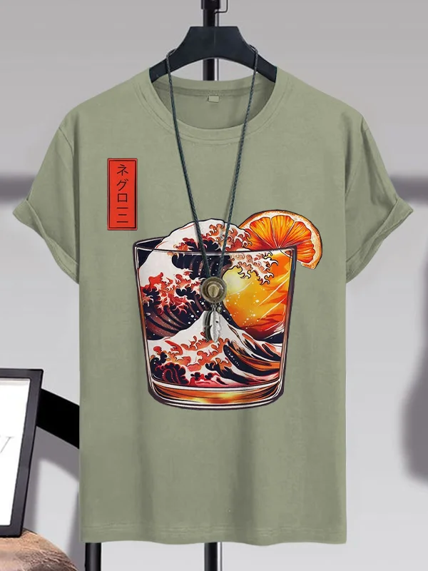 Men's The Great Negroni Wave Fun Cocktail Art Print Cotton Casual T-Shirt
