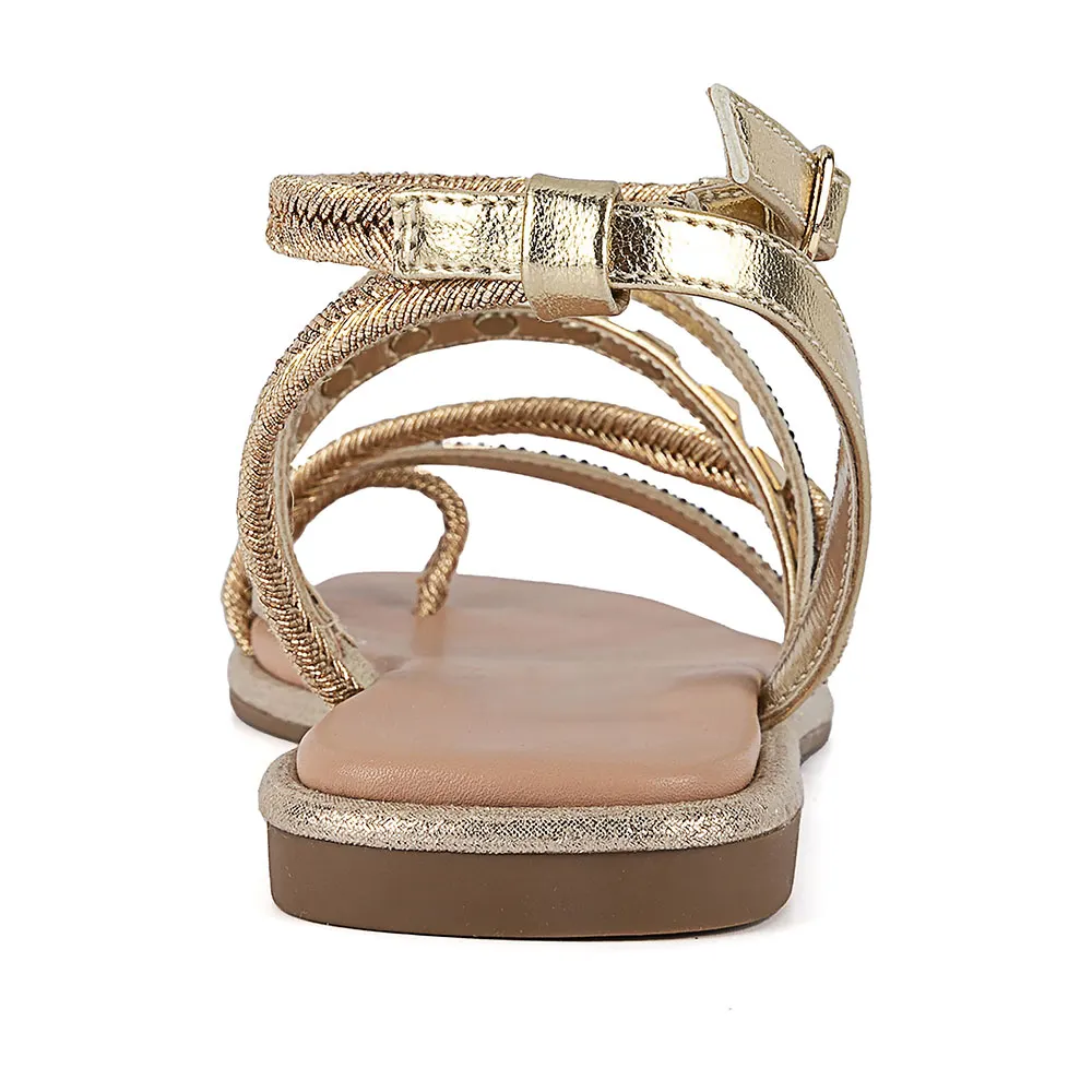 Women's Studded Square&nbsp;Toe Braided Ankle Strap Flat Gold Sandals