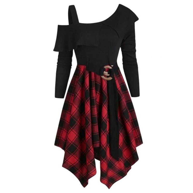 Irregular Sloping Shoulder Plaid Dress