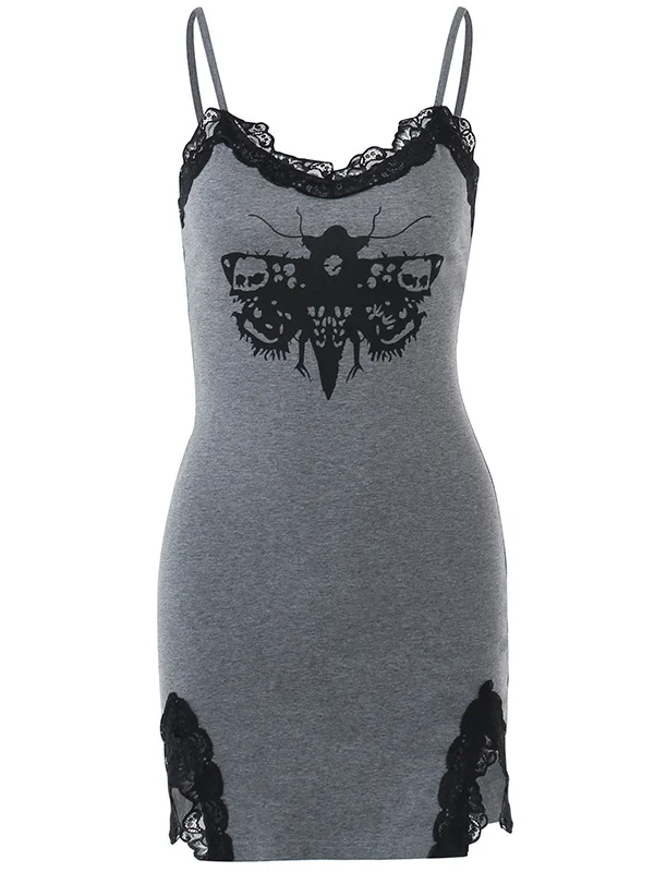 Gothic Dark Moth Slit Sleeveless Spaghetti Lace-up Bodycon High-rise Mini Dress