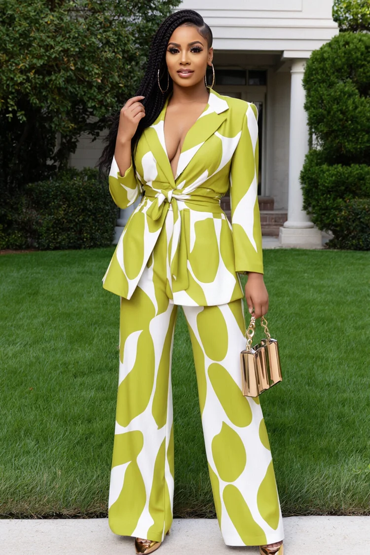 Geometric Print Lapel Collar Blazer Wide Leg Pants 2pcs Set-Green [Pre Order]