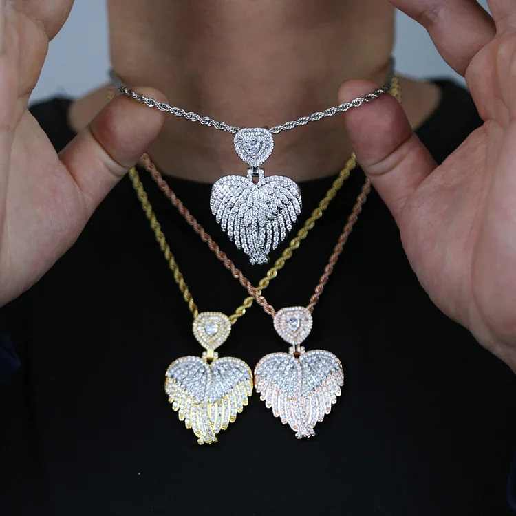 Iced Out Bling Zircon Heart Angel Wing Rope Chain Pendant Necklace-VESSFUL
