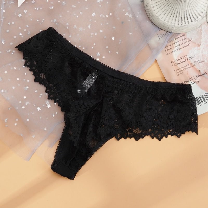 Women Sexy Lace Lingerie Temptation Low-waist Thong Panties Transparent Hollow Out Underwear Female Embroidery Floral G String