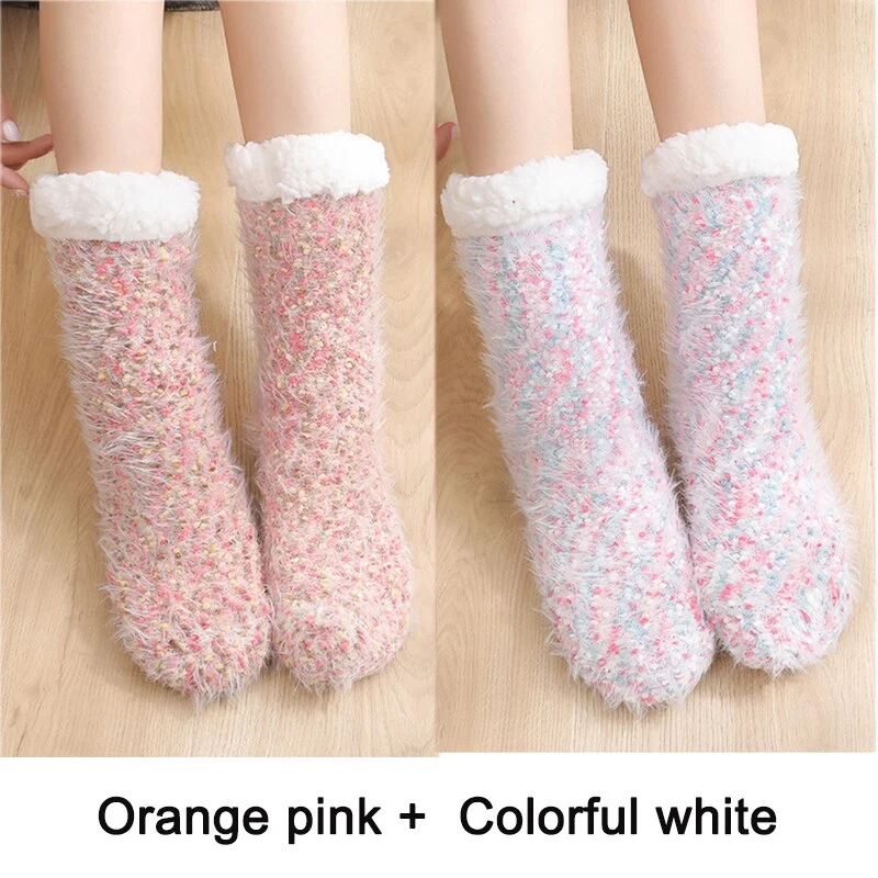 2PCS Warm Floor Socks Women Winter Socks Thick Plush Non-slip Female Sleeping Home Sox Christmas Gifts Harajuku Design for Girls