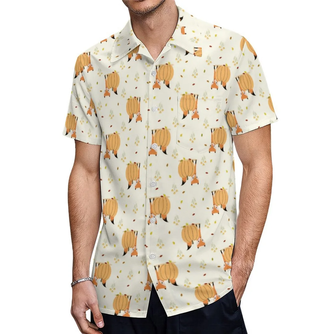 Short Sleeve Fall Pumpkin Fox Animal Hawaiian Shirt Mens Button Down Plus Size Tropical Hawaii Beach Shirts