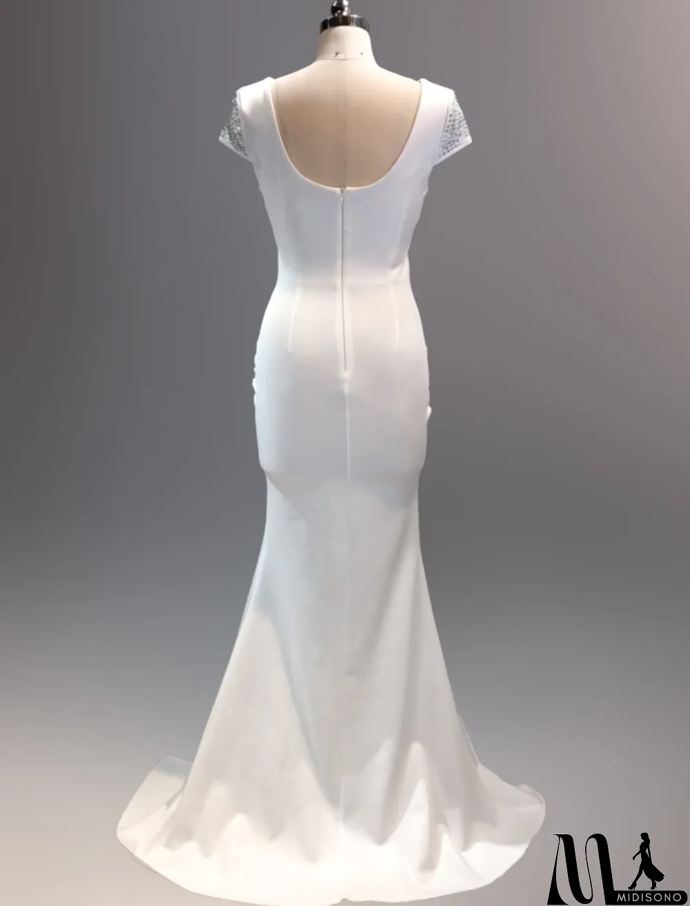 MidiSono - Spring Women Elegant White Rhinestone Beaded V Neck Short Sleeve Slit Formal Cocktail Evening Dress