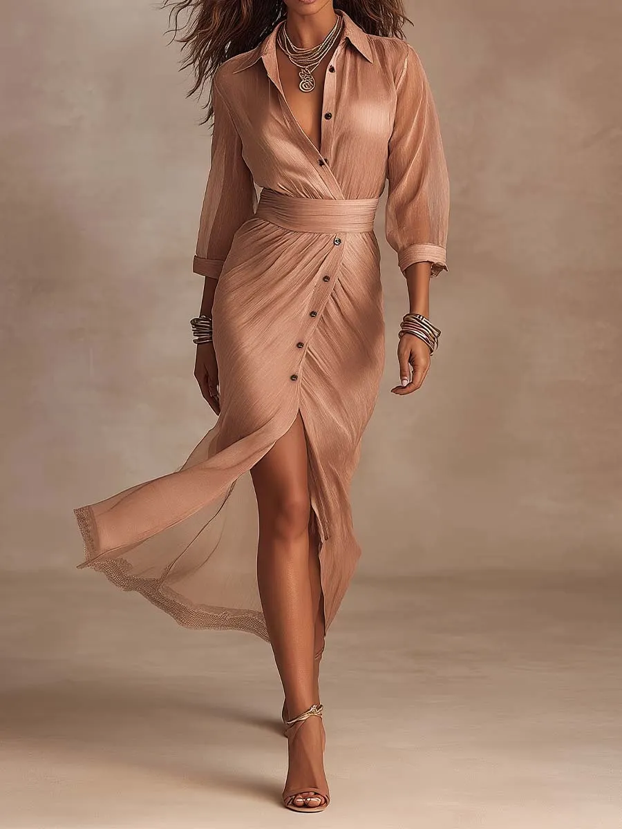 Front view of tencel-linen wrap shirt midi dress