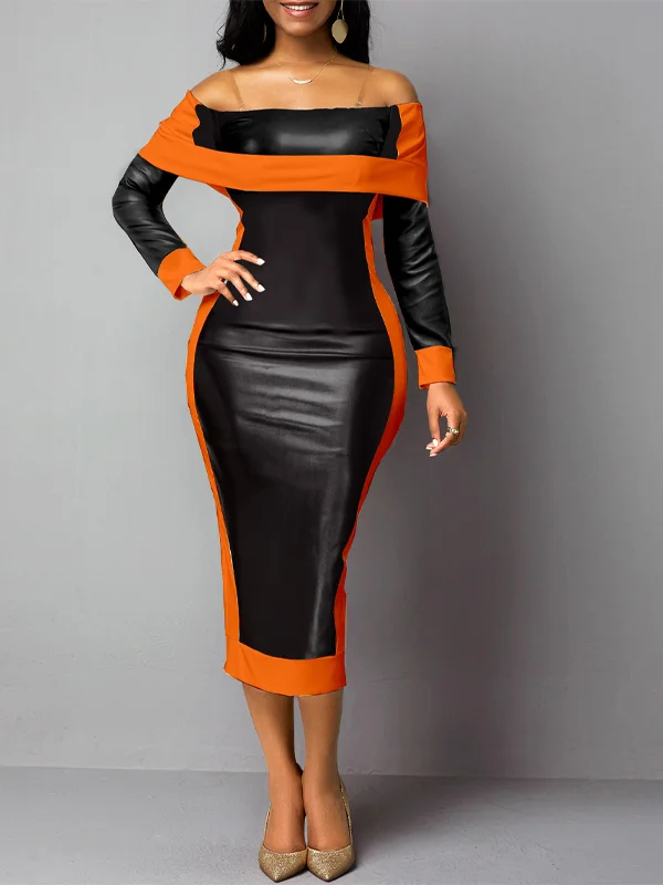 Faux Leather Off-The-Shoulder Orange Sheath Dress