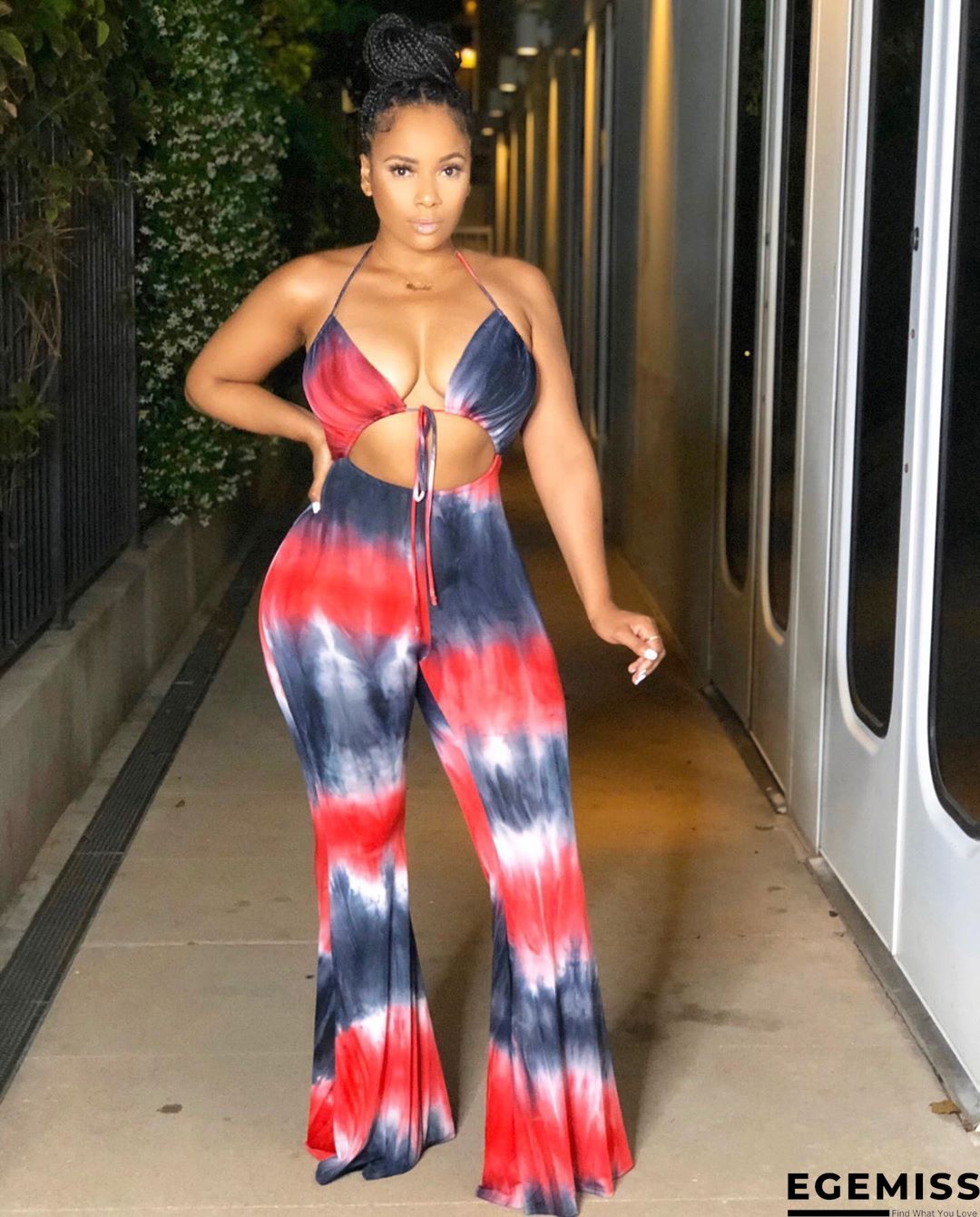 Rose Red Sexy Print Hollowed Out V Neck Skinny Jumpsuits | EGEMISS