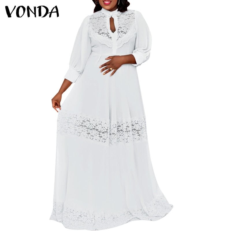 Women Elegant Lace Hollow Maxi Dress 2022 VONDA Summer Long Sundress Zipper Ruffled Floor-Length Dress Casual Vestido Oversized
