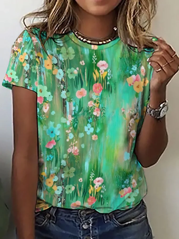 Printed Short Sleeve Casual T-shirt for  Women and Men Unisex Pattern Green, Yellow, Floral