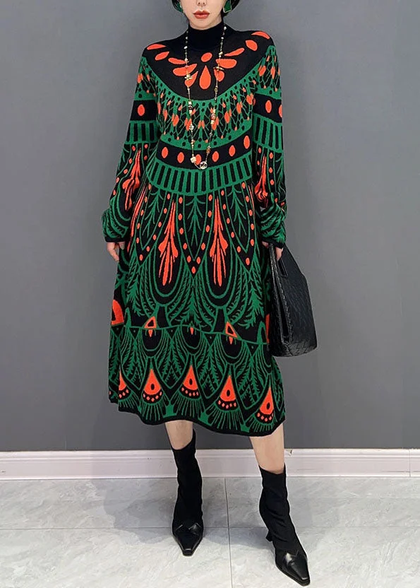 Fashion Green Hign Neck Print Knit Long Dress Winter