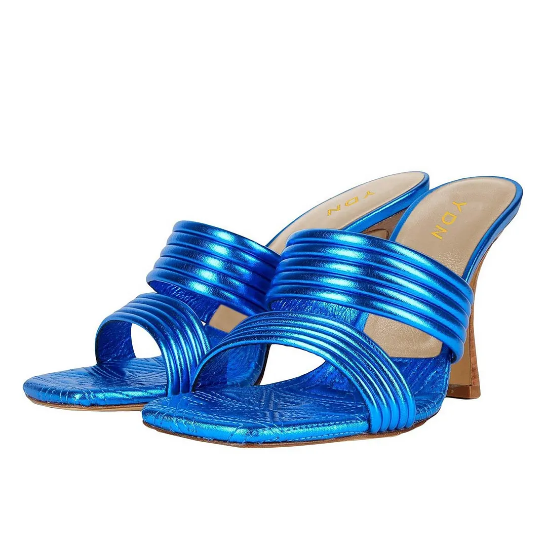 Metallic Blue Square Toe High Heel Double Strap Slip On Summer Sandals