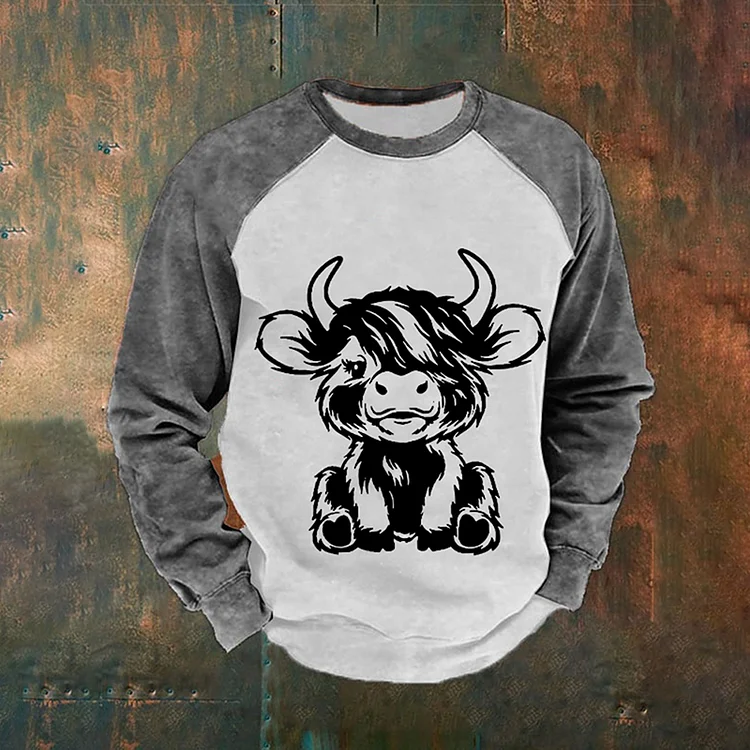 Comstylish Men's Highland Cow Print Casual Crew Neck Sweatshirt