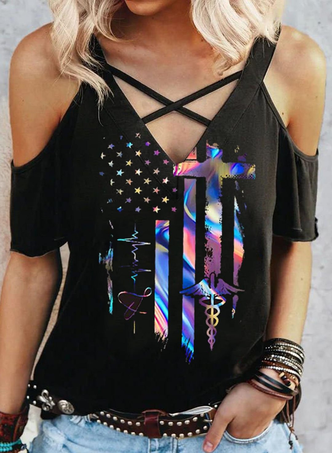 Women's T-shirts Flag Criss Cross Cold Shoulder V Neck Short Sleeve ...