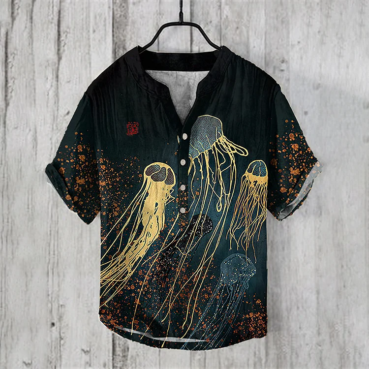 Comstylish Vintage Japanese Art Jellyfish Graphic Painting Art Linen V-Neck Shirt