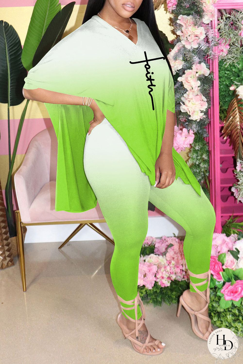 Blue Casual Gradual Change Print Patchwork Slit V Neck Half Sleeve Two Pieces