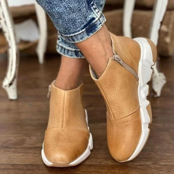 Stylish Faux Leather Zipper Rubber Sole Boots