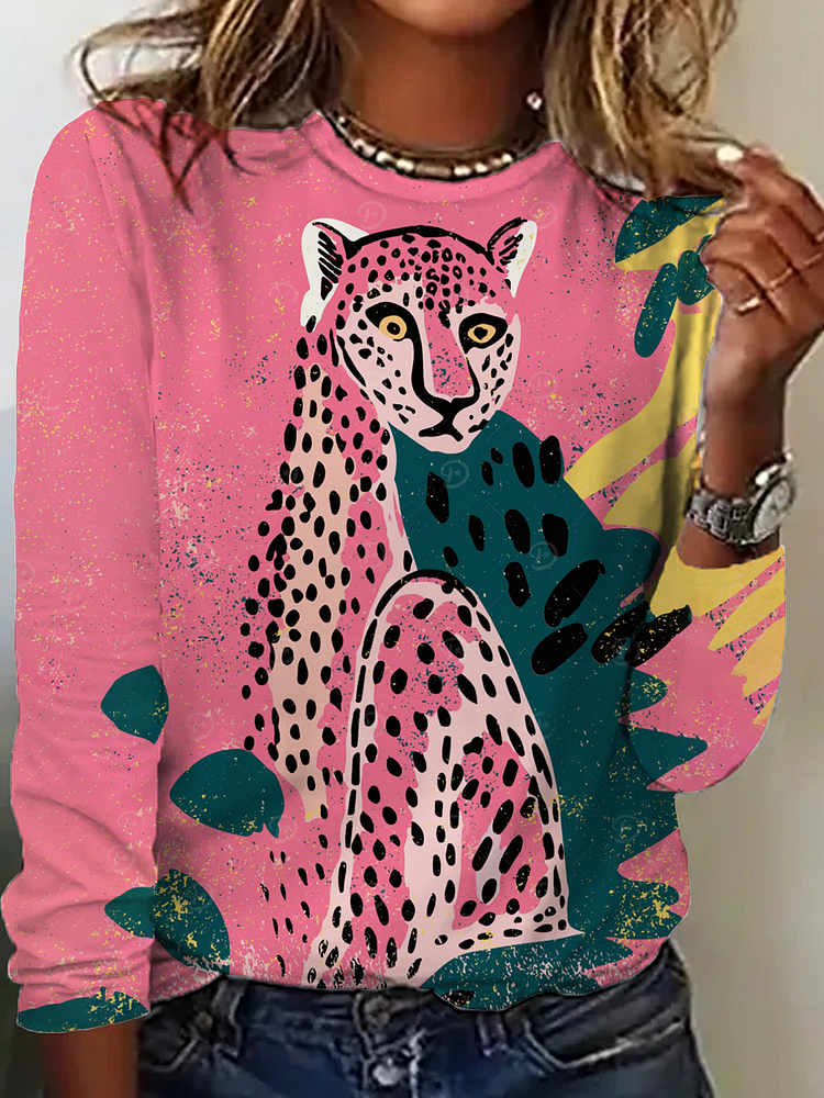 Women's Crew Neck Pink Fun Art Cheetah Long Sleeve T-Shirt socialshop