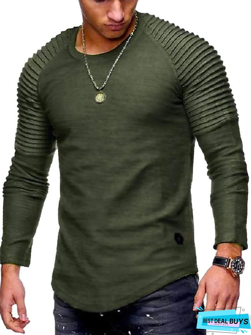 Men's T-Shirt Non-Printing Solid Colored Plus Size Long Sleeve Daily Tops Cotton Round Neck Army Green Gray Khaki