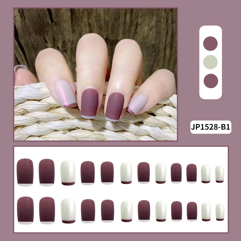 24PCS Nude Color Fake Nails With Black Grids Press On False Detachable Full Cover Artificial Tips Nail Art DIY Manicure No Glue-Nail Inspo