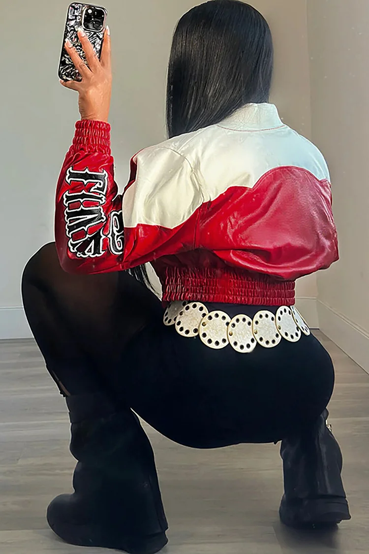 Letter Pattern Stand Collar Long Sleeve Colorblock PU Leather Crop Jacket-Red
