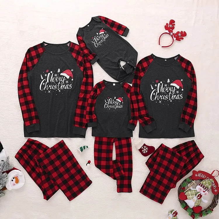 Merry Christmas Hat Print and Buffalo Plaid Family Matching Pajamas Sets