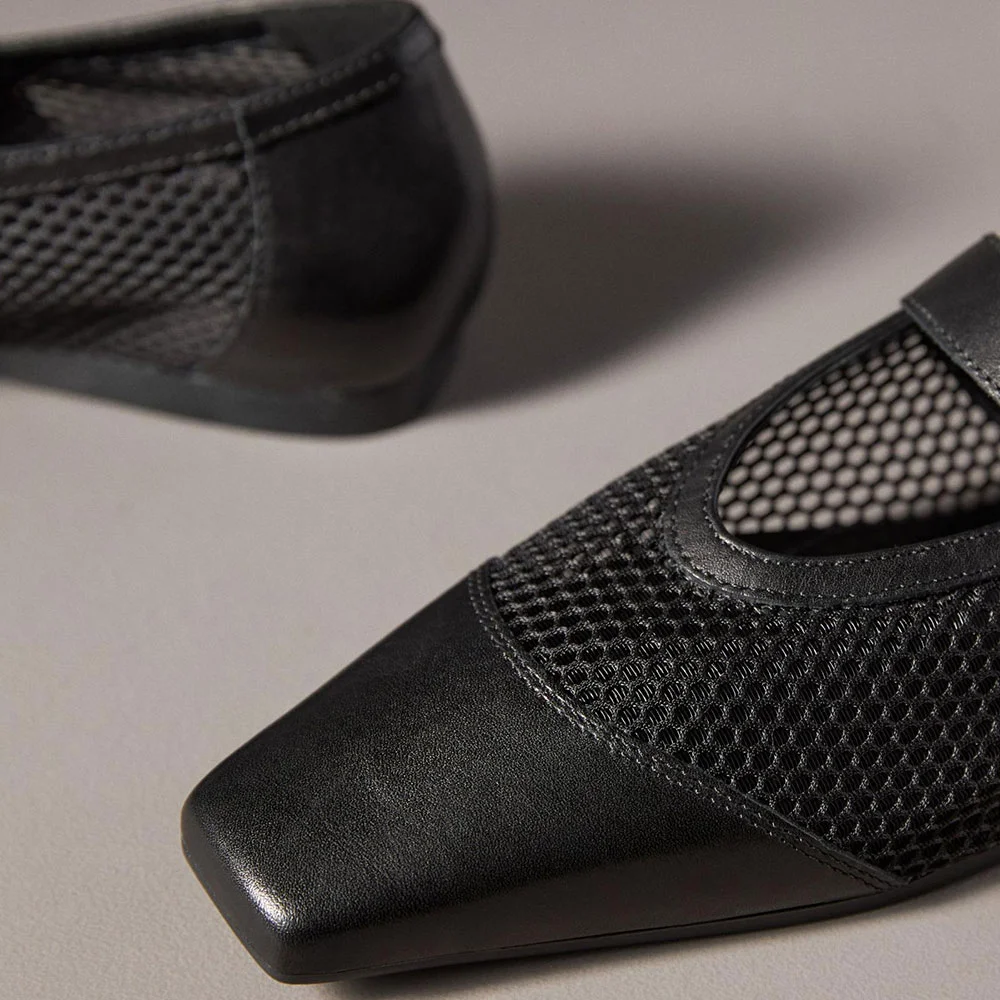 Black Mesh Patchwork Square-Toe Mary Jane Flats with Buckle Strap