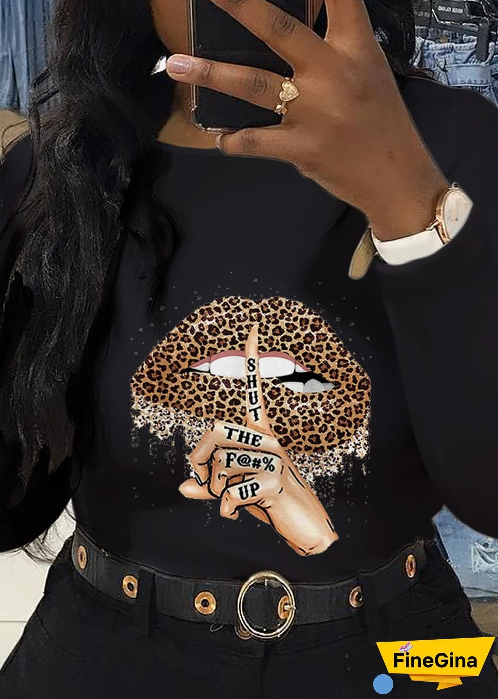 White Street Lips Printed Patchwork O Neck Tops