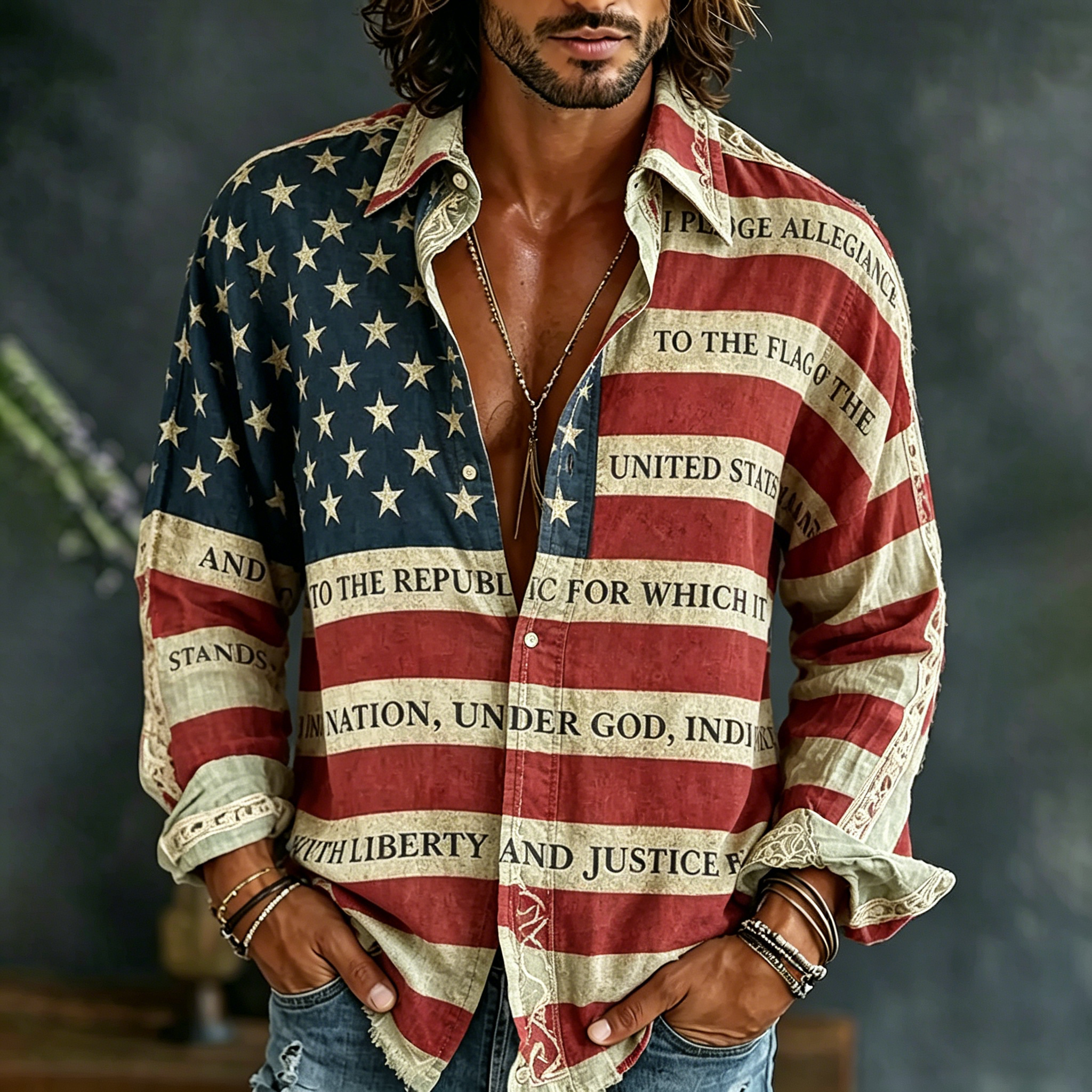  Men's Flag Art Print Flowy Linen Blend Shirt Westsshops