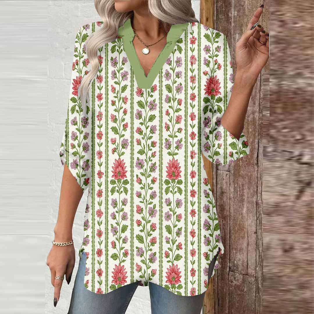 Women Floral, Leaves, Green, Red DZGA0114 3/4 Sleeve V-neck Printed Graphic Button Tops
