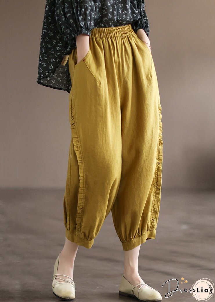 Loose Yellow Ruffled Pockets High Waist Linen Crop Pants Summer