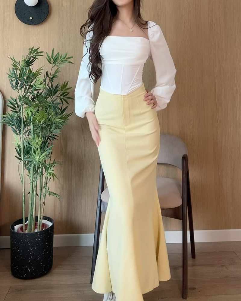 Elegant Square Collar Top & Skirt Two-Piece Set