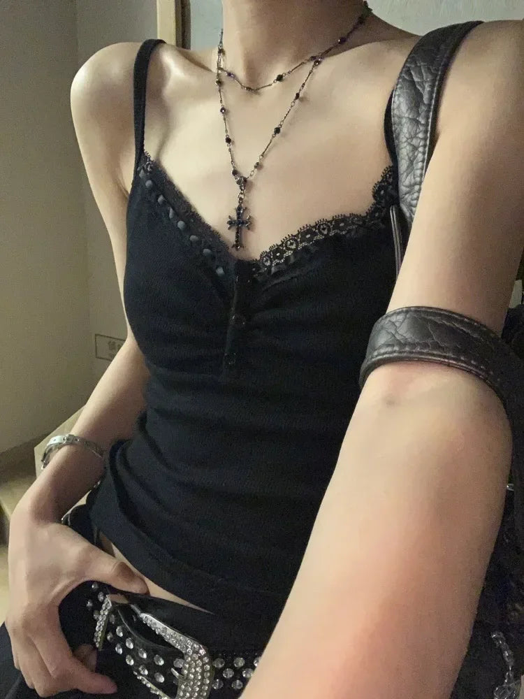 Aiertu Black Lace Tanks Women Y2k Aesthetic Corset Vintage Femme Sexy Cropped Tops Gothic Punk Streetwear Grunge Coquette Aiertu