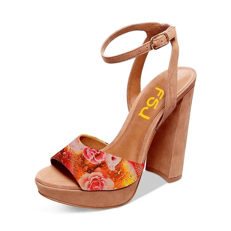 Khaki Floral Heels Ankle Strap Block Heel Sandals with Platform |FSJ Shoes