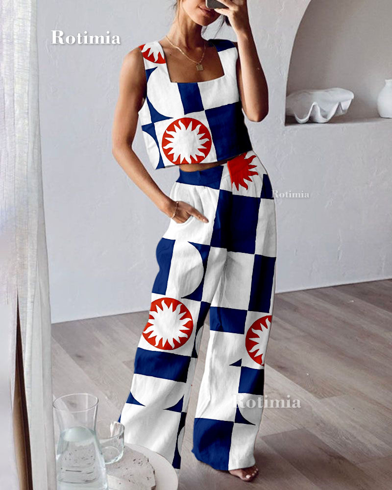 Lattice Print Casual Two-Piece Set