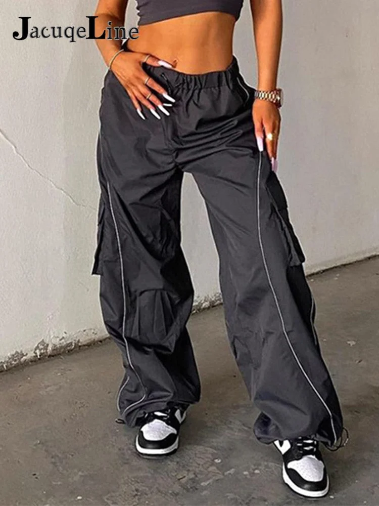 Jacuqeline 2022 Loose Wide Leg Baggy Pants Women Hippie Casual Streetwear Low Waist Cargo Trousers Contrast Stitching Sweatpants