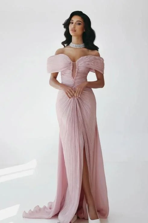 Miabel Chic Pink Off the Shoulder Pleated V Neck Long Prom Dress with Split 