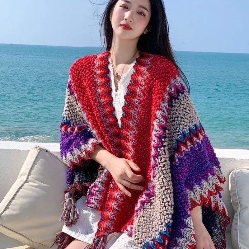 Yunnan Lijiang Travel Outside Knitted Shawl Ethnic Style Vintage Cape Cloak Tassel Scarf For Vacation Wear