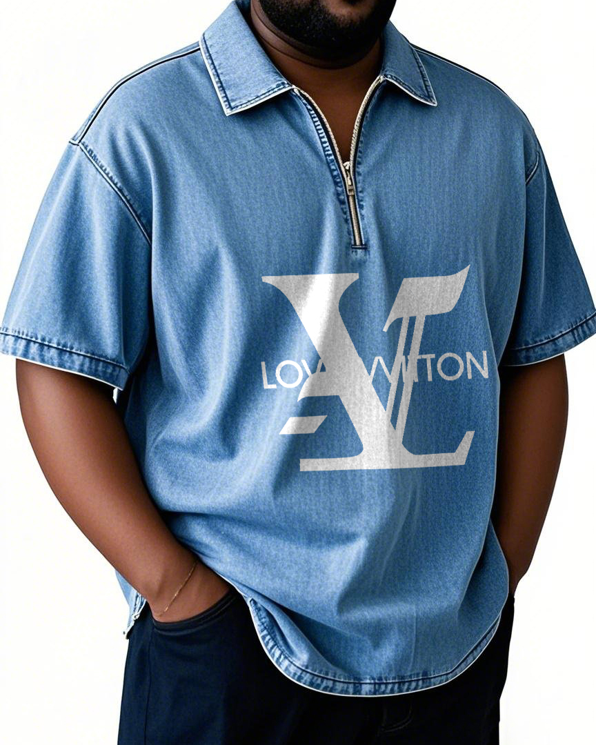 Big & Tall Men's Fun Letters Denim Zipper Stand Collar Short Sleeve Shirt