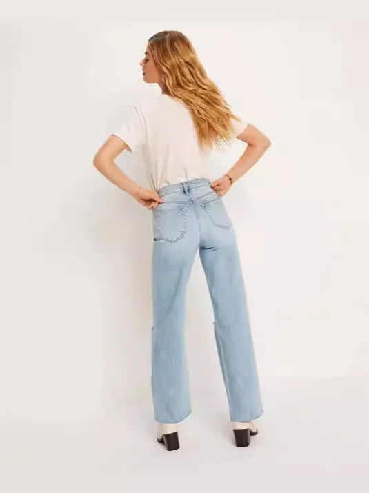 Woherb Direct Fashion Women High Waist Casual Straight Tube Hole Loose Nine Minutes Jeans Wish-Outfit Ideas