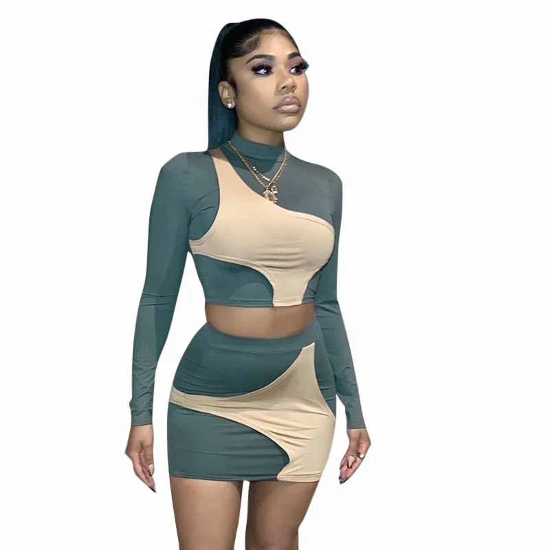 ANJAMANOR Sexy Colorblock Two Piece Set Long Sleeve Crop Top and Mini Skirt Suits for Women 2021 Clubwear Bodycon Dress D85-CF24